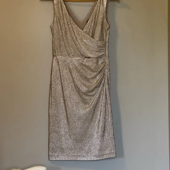 Lauren Ralph Lauren Gold Sheath Midi Dress V-Neck Ruched - Picture 1 of 4